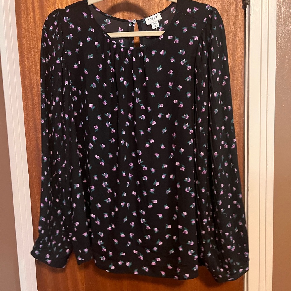 J. Crew Black Blouse with Purple Floral Design